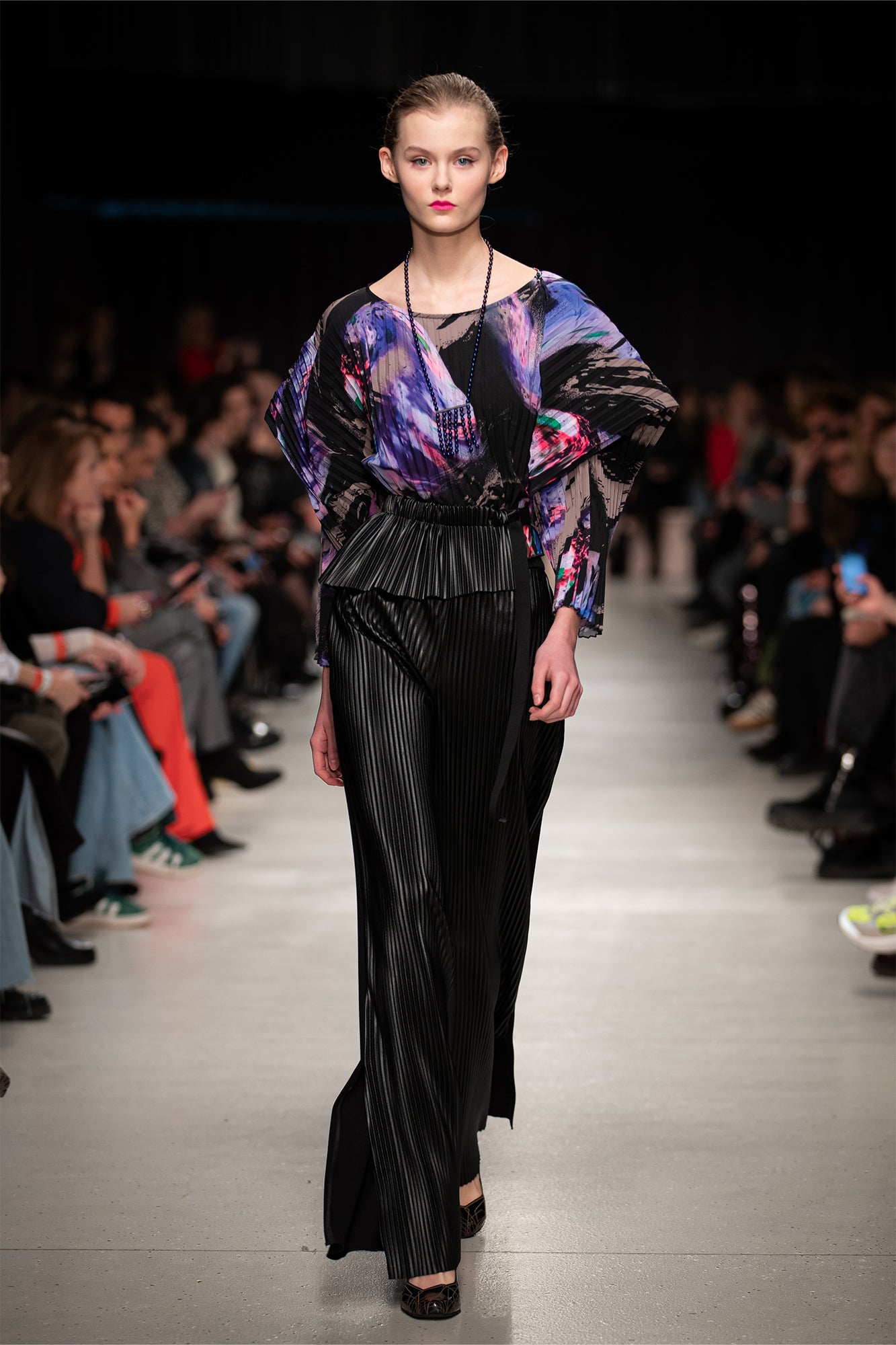 Model wearing Moire Pleated Blouse during Budapest Central European Fashion Week