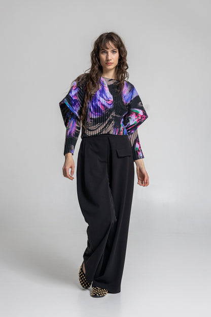 pleated long sleeve blouse from slightly elastic synthetic silk fabric