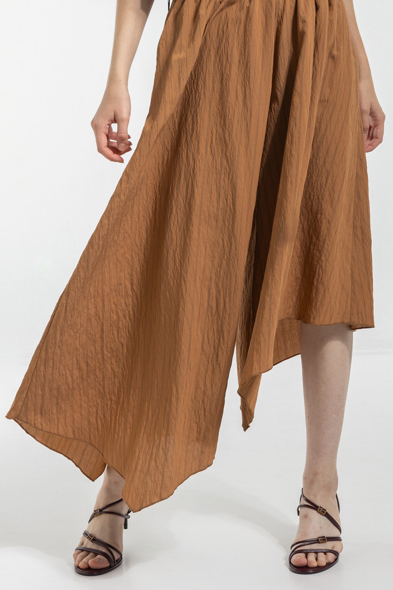 mustard black pinstriped asymmetric midi skirt