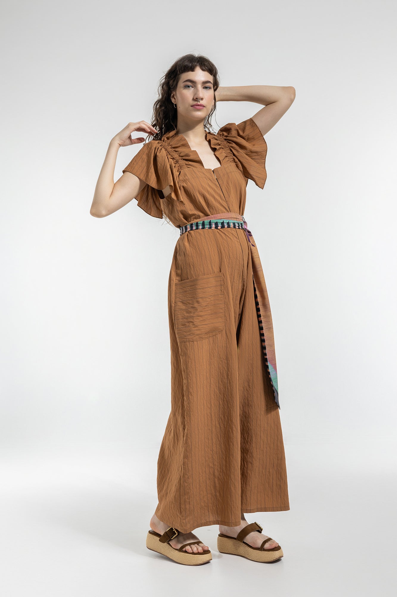 wide leg jumpsuit with ruffled short sleeves