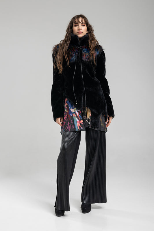 faux fur coat layered with fur collar