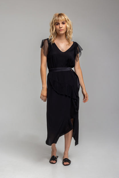 mesh frill maci dress with softly curved v-neckline artista budapest