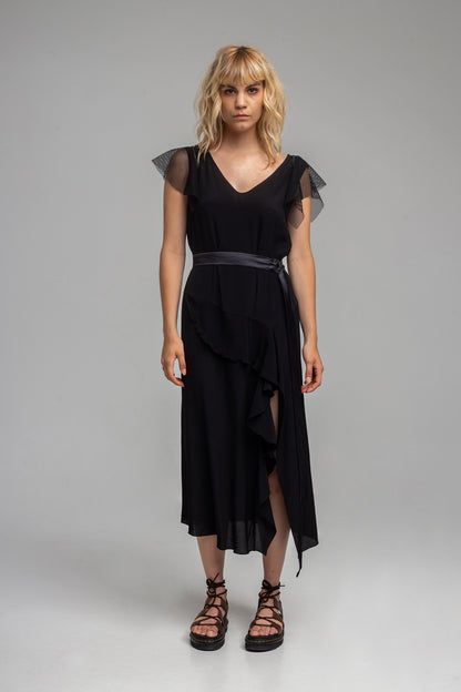 mesh frill maxi dress with inset satin black tie belt artista budapest