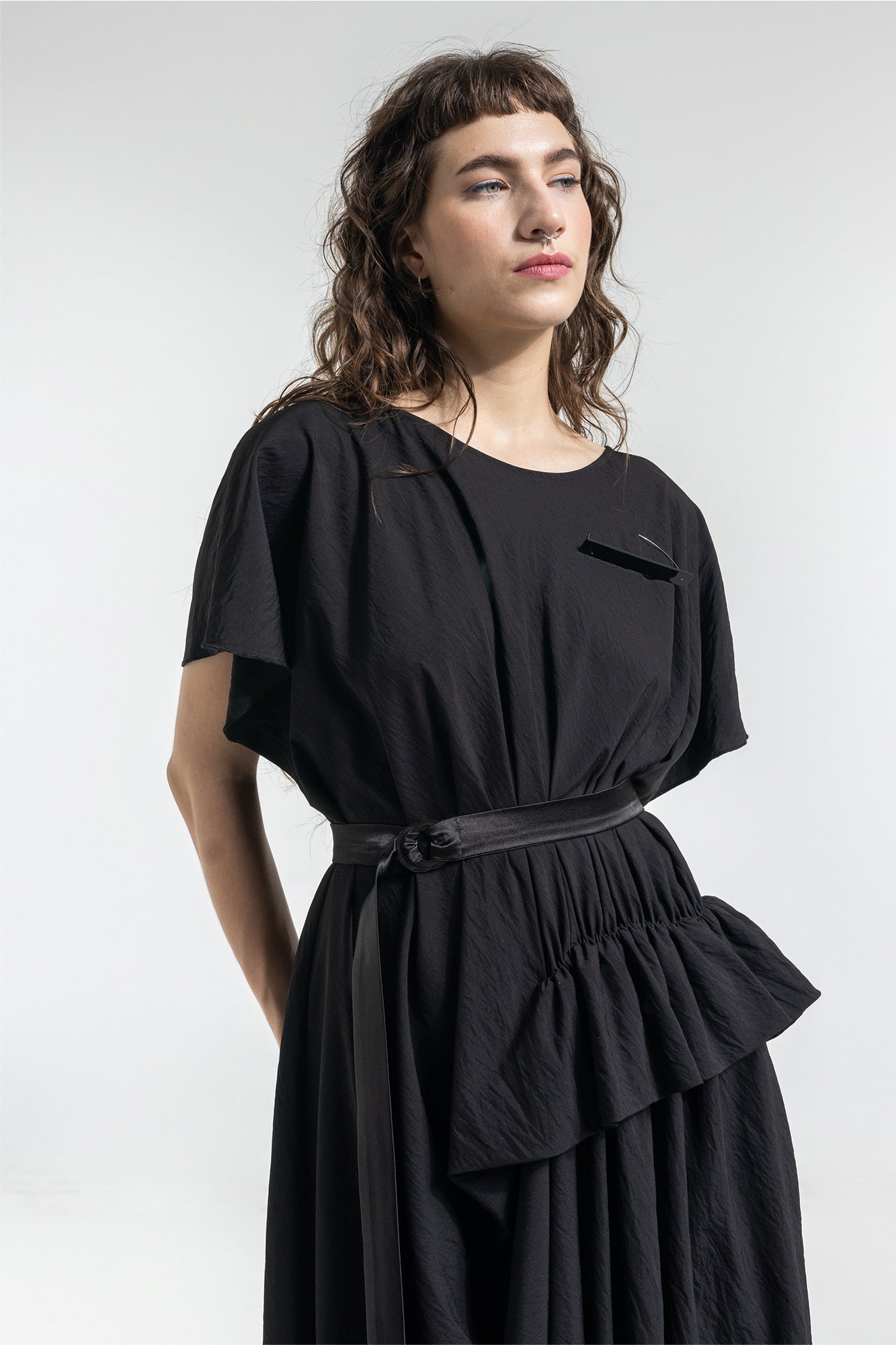 oversized midi dress softly curved boat neck