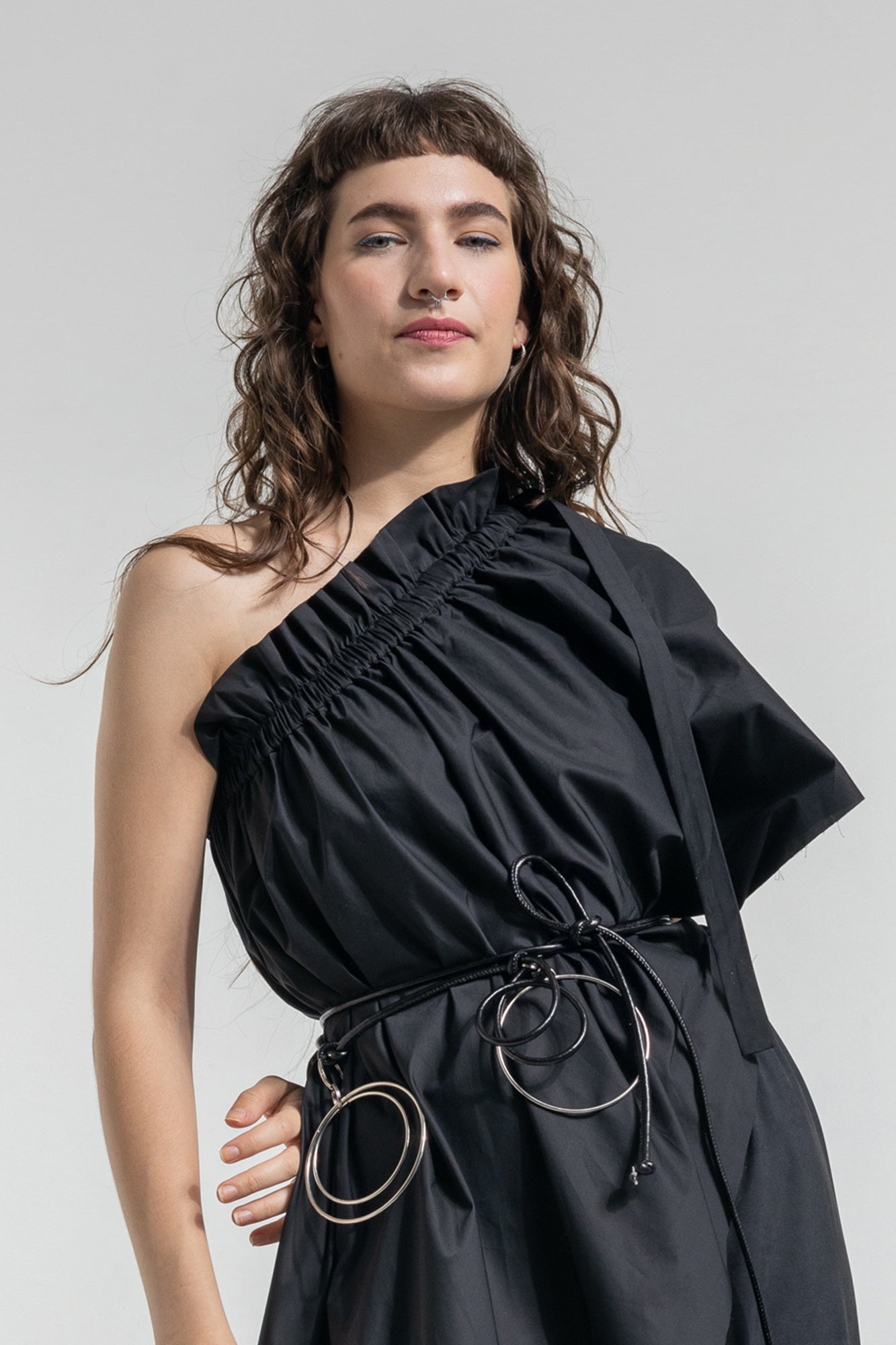 one shoulder midi dress with gathered front