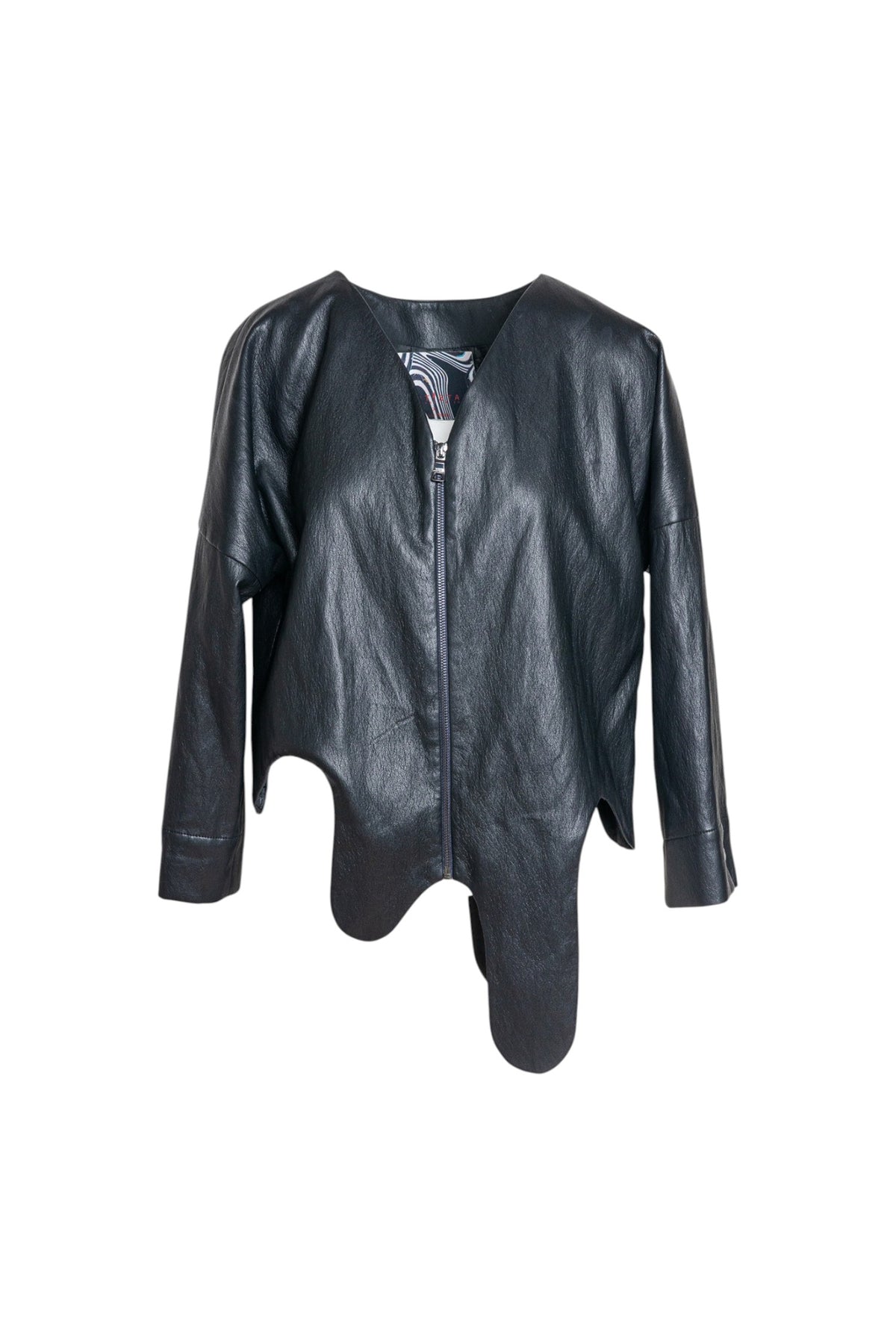 zipped eco-leather jacket with curved hemline artista budapest
