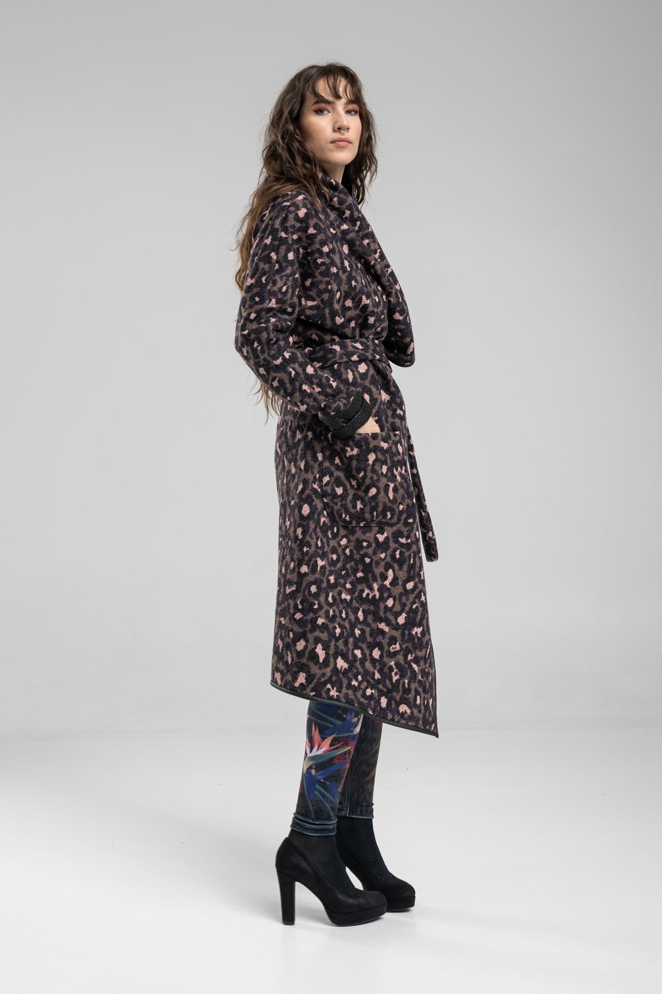 maxi knitted coat with inset tie belt