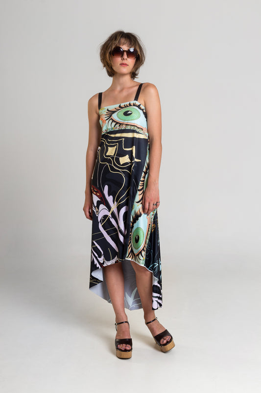 midi asymmetric cut dress with spaghetti straps artista budapest