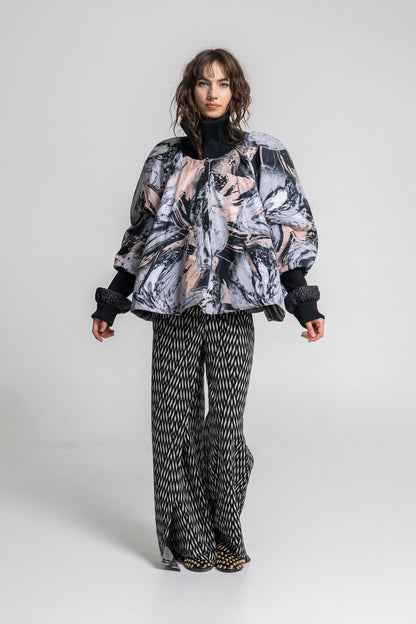 puffy printed jacket with button down closure
