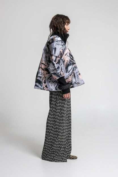 printed puffy jacket with elastic ribbed high neck