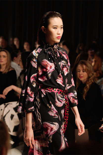 embellished midi dress with swirling crystal like print design