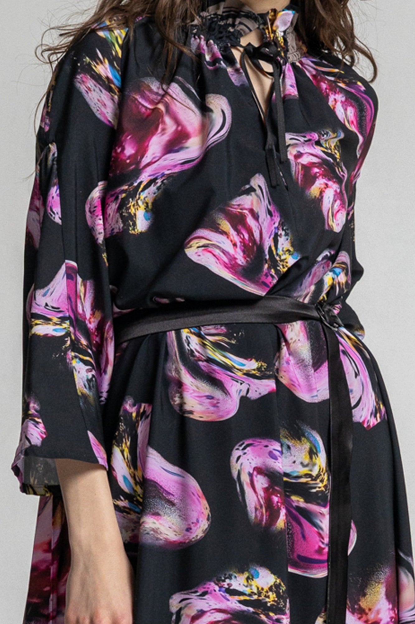 embellished midi dress with frills on mock neck