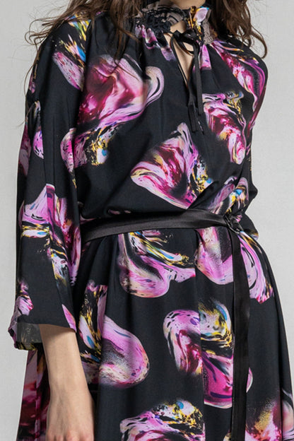 embellished midi dress with frills on mock neck