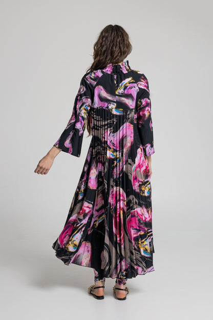 embellished printed midi length dress with pleat details on back