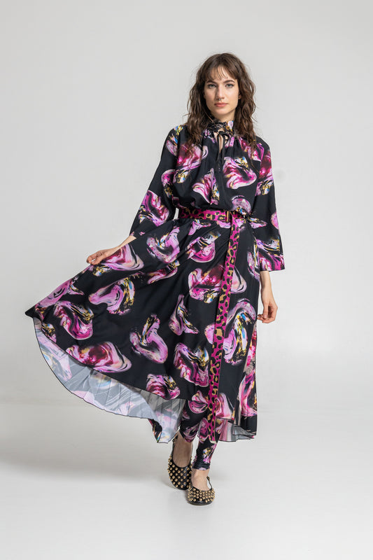 embellished unique printed midi dress from synthetic silk fabric