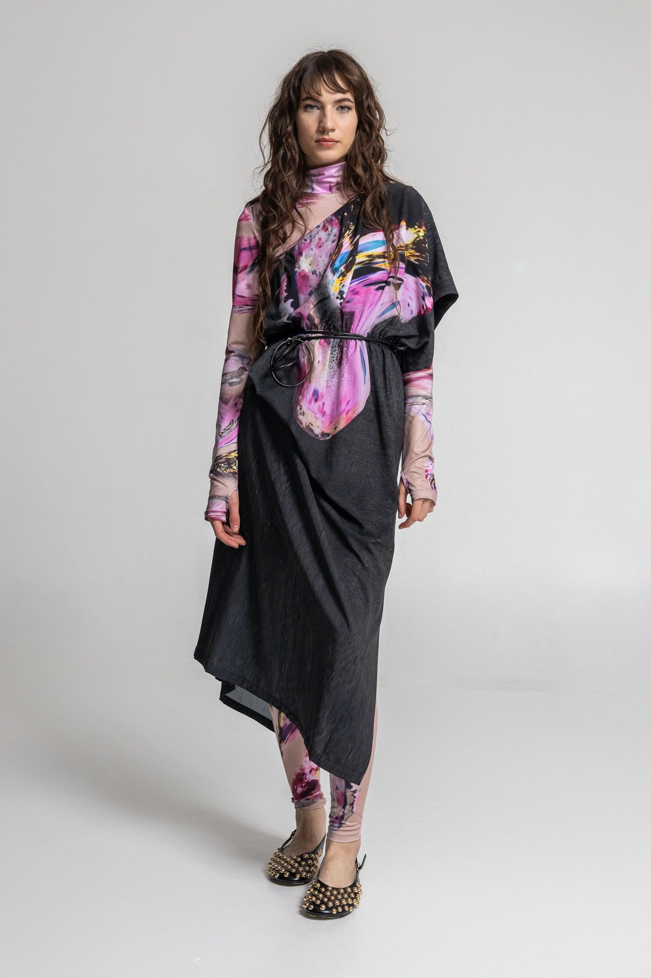 asymmetric shoulder midi dress with asymmetric hemline