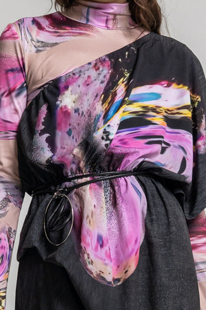 asymmetric shoulder midi dress with extensive swirling colorful opal print on front