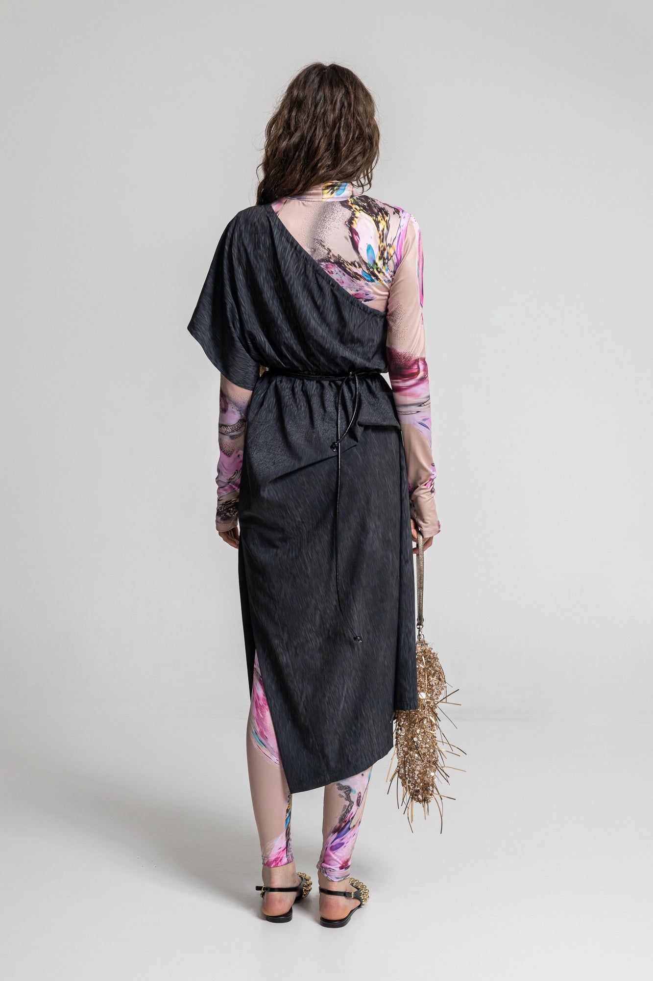 asymmetric shoulder midi dress with slit on one side