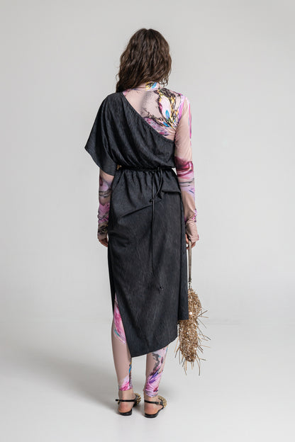 asymmetric shoulder midi dress with slit on one side