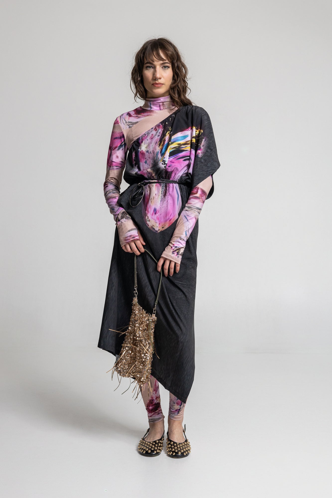 asymmetric shoulder midi dress from synthetic silk fabric