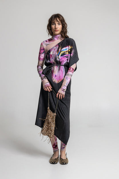 asymmetric shoulder midi dress from synthetic silk fabric
