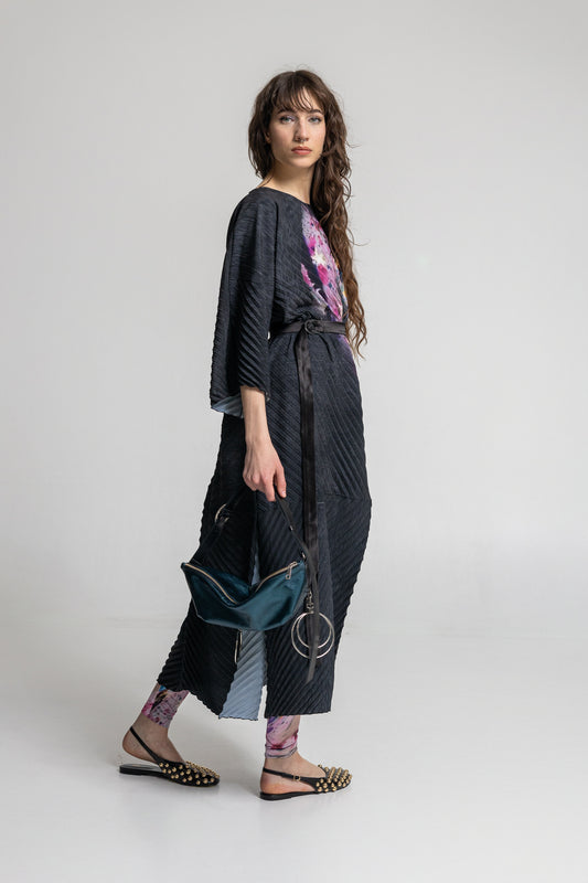 pleated printed maxi dress with slit