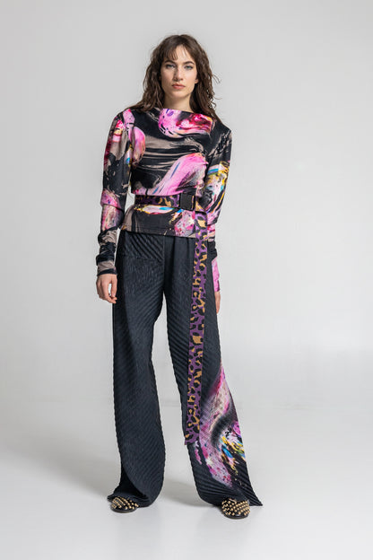 pleated straight leg pants from synthetic silk fabric