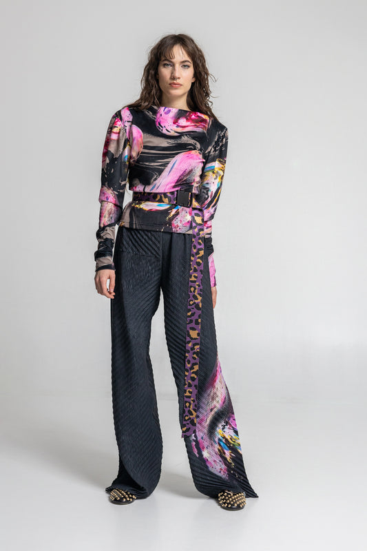 pleated straight leg pants from synthetic silk fabric