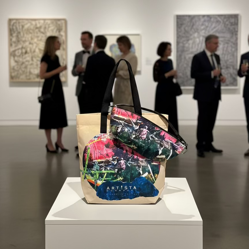 colorful tote bag and bum bag made by the painting of Ludovic Thiriez