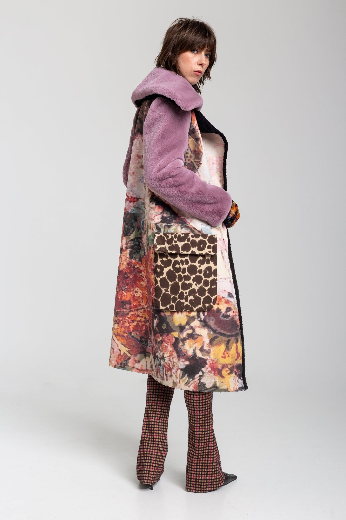 unique printed coat with detachable pocket