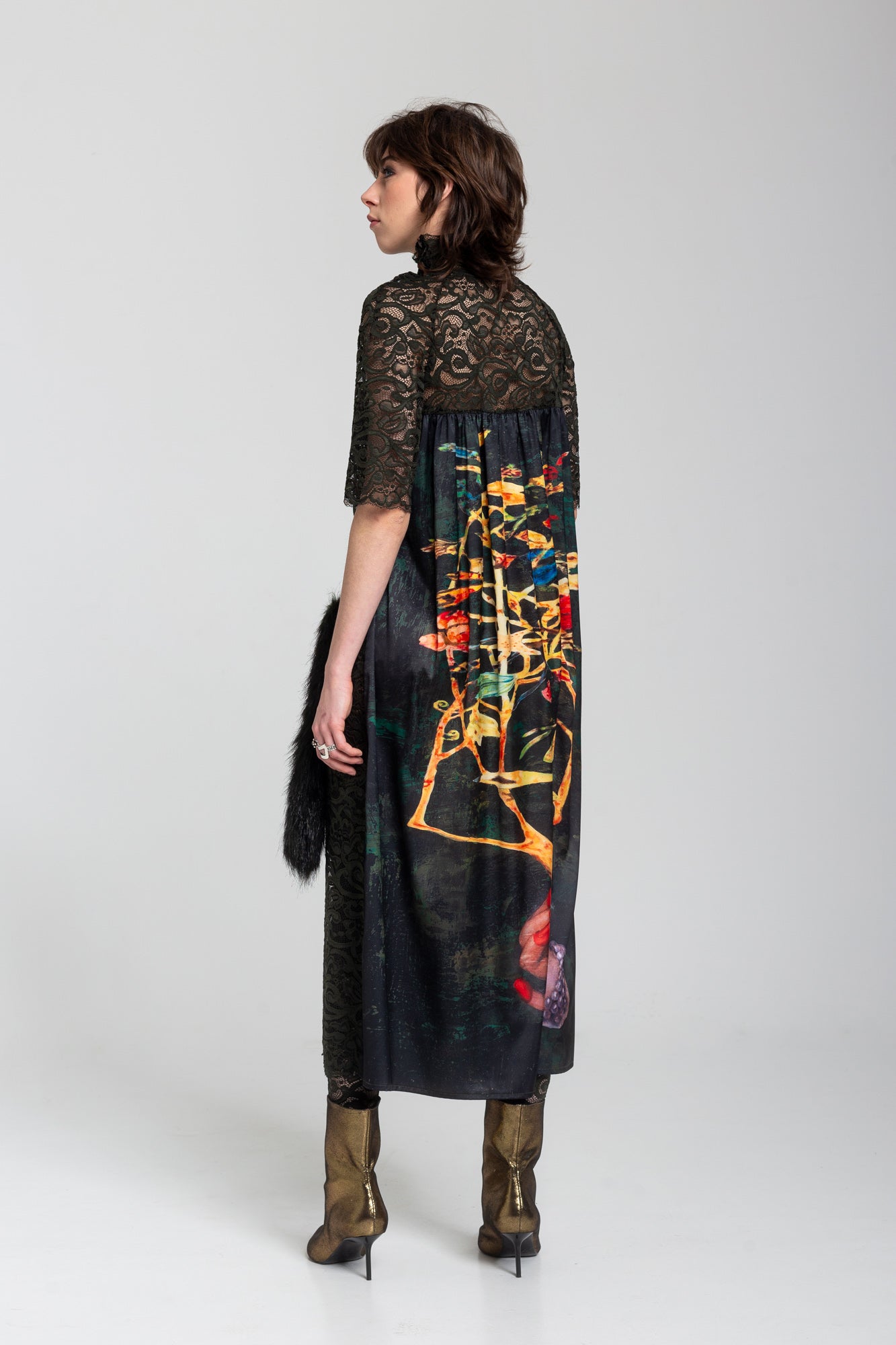 unique printed maxi lace dress with turtleneck finish