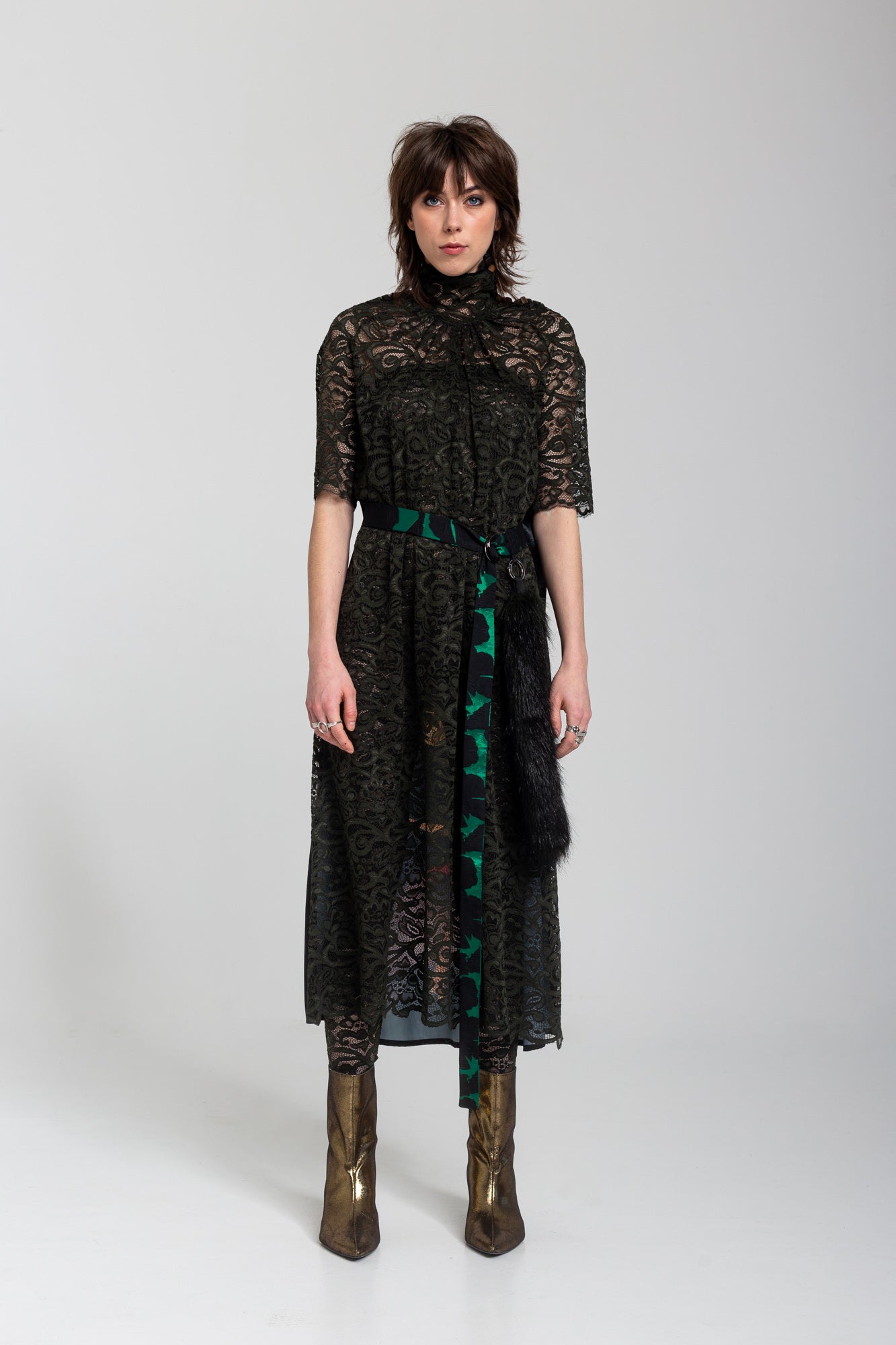 maxi lace dress with inset tie belt