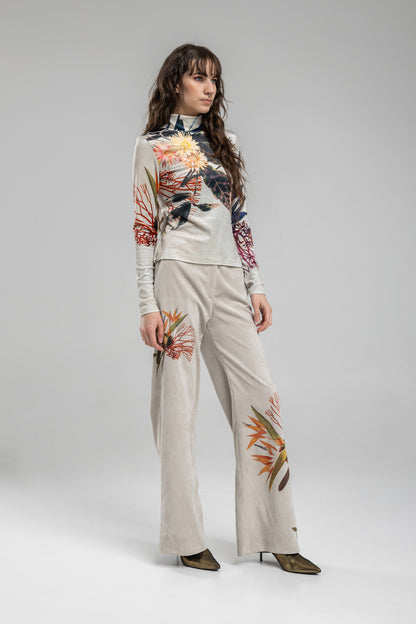 corduroy pants with asymmetric floral print