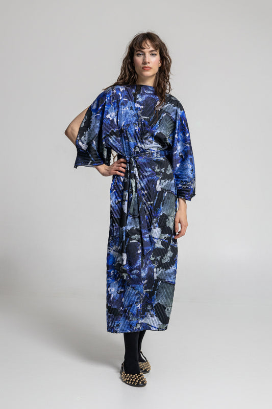 pleated midi dress with 3/4 length sleeves with slits 