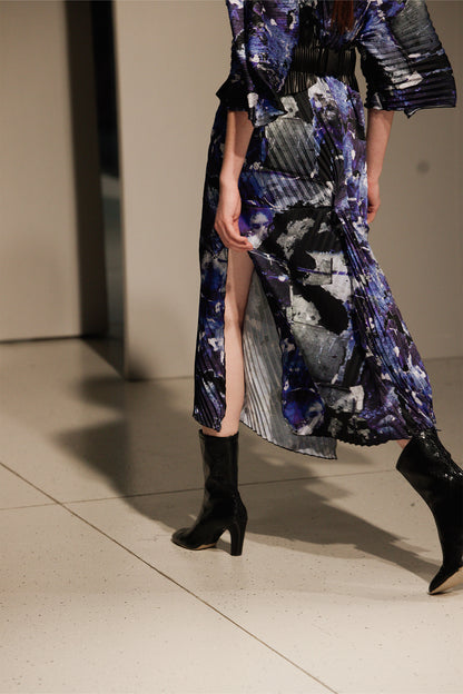 pleated printed midi dress with slits on both side