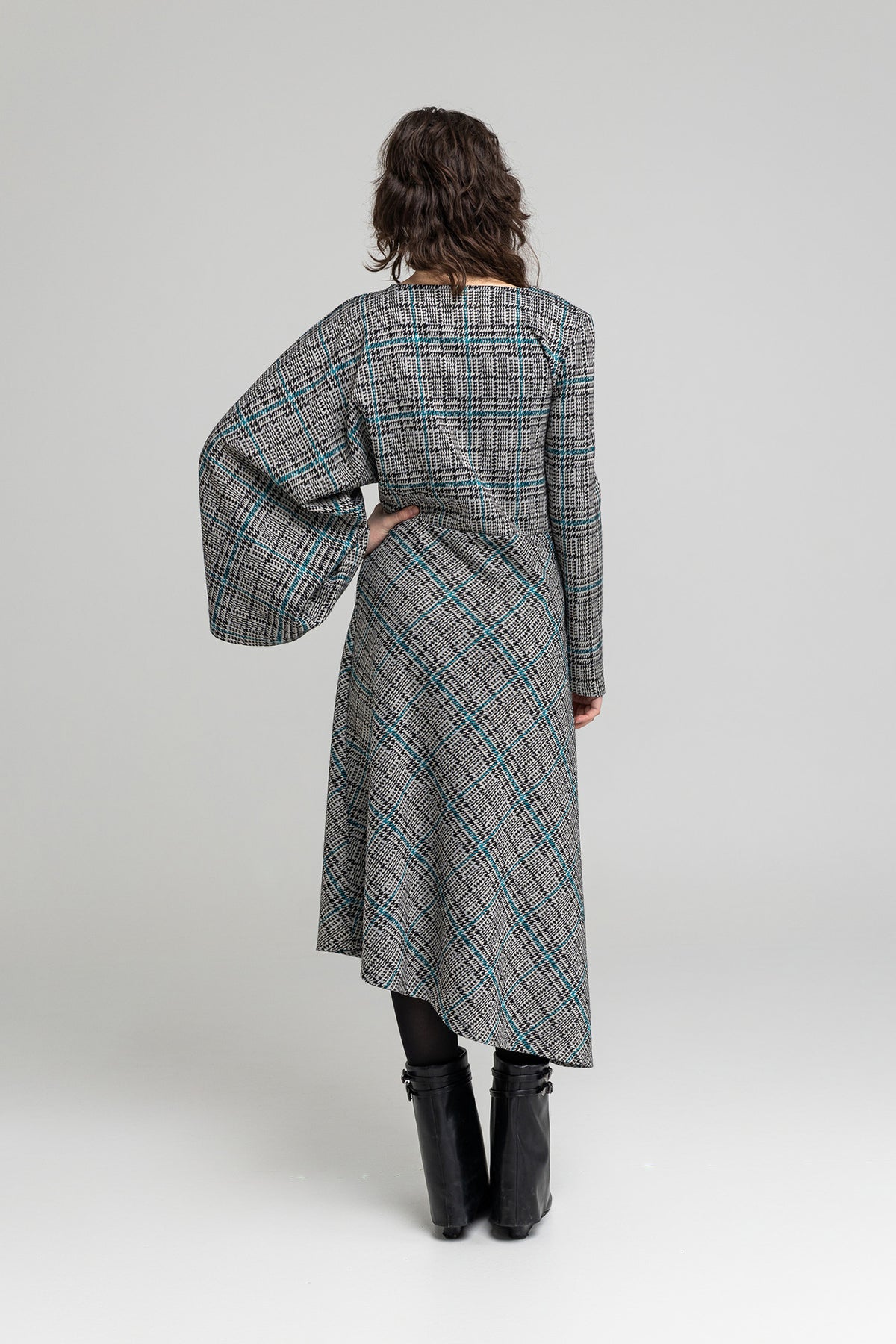 checkered midi dress with asymmetric hemline artista budapest