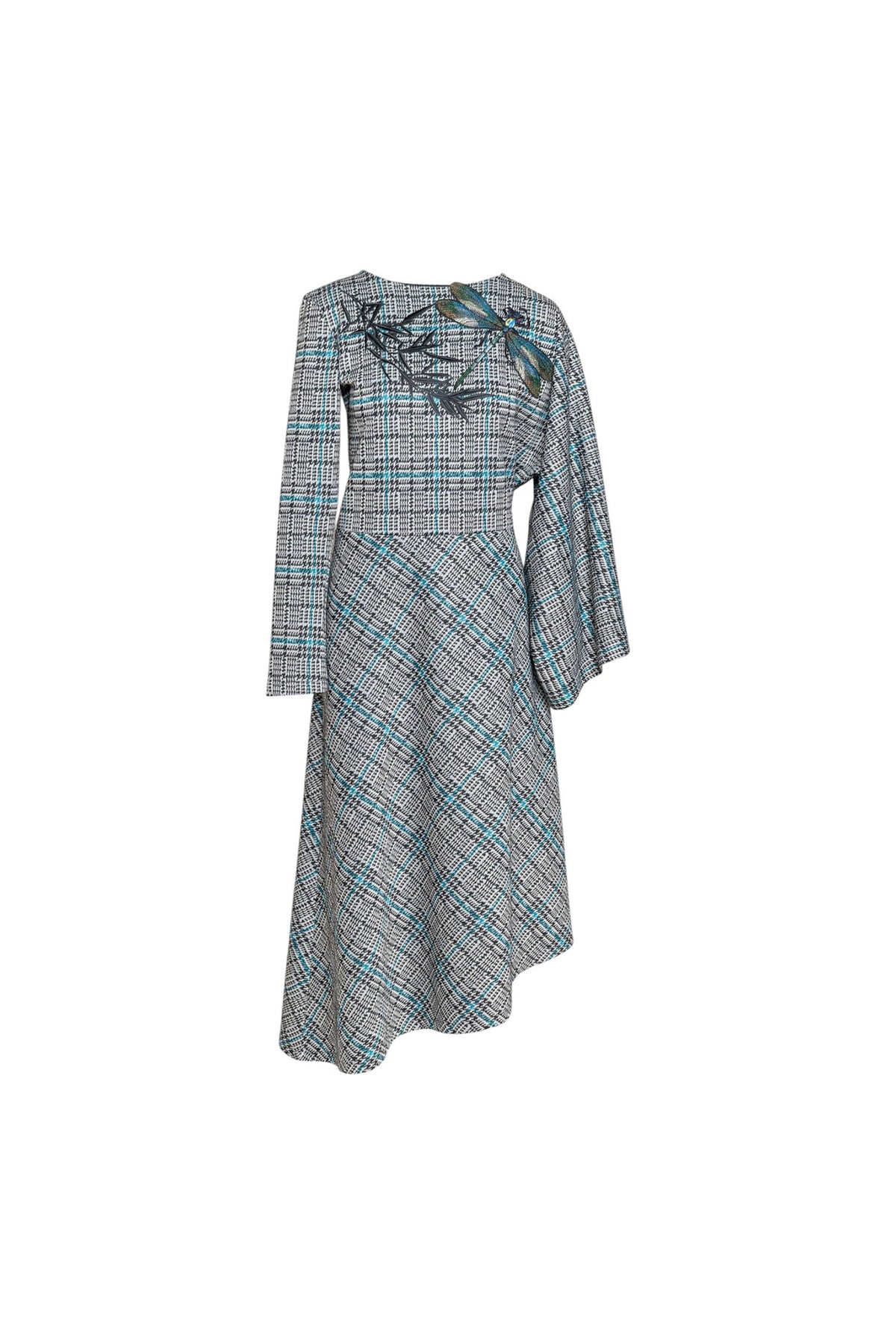 A long-sleeve midi dress with a gray, black, and turquoise plaid pattern, featuring a lace-up neckline and asymmetrical hem, shown against a plain white background.