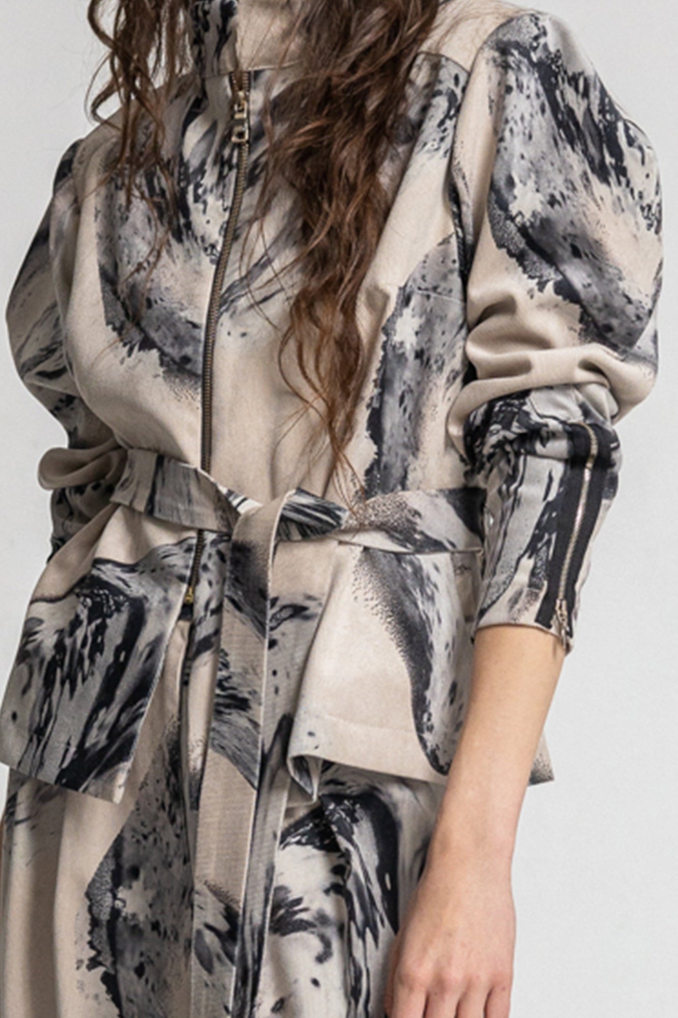 soft elastic corduroy shirt jacket with black and pale pink swirling crystal like print
