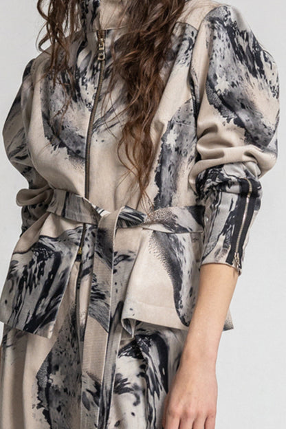 soft elastic corduroy shirt jacket with black and pale pink swirling crystal like print