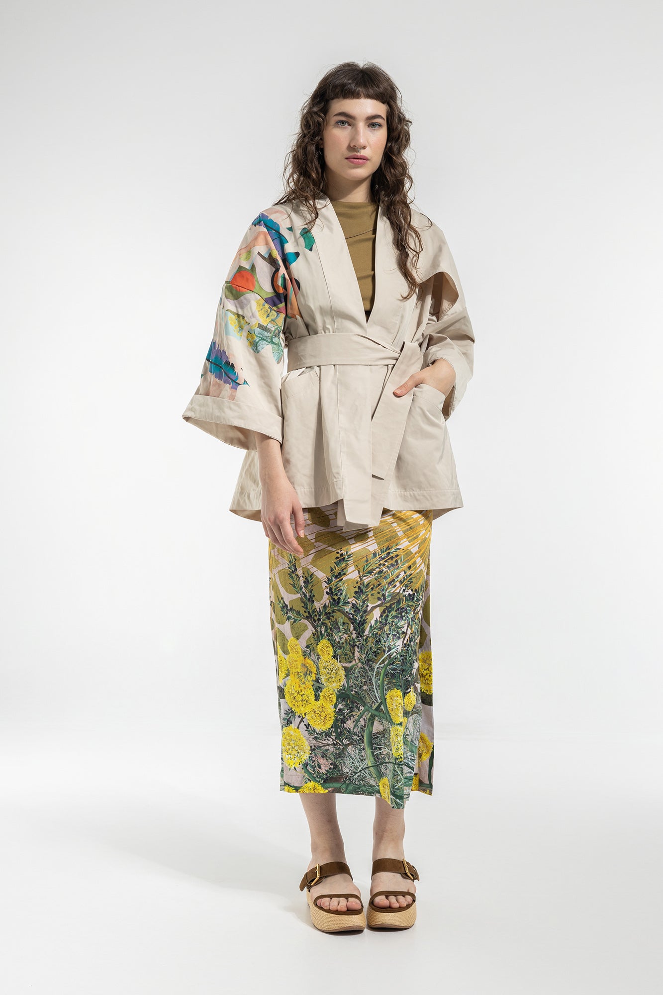 beige kimono with trench details