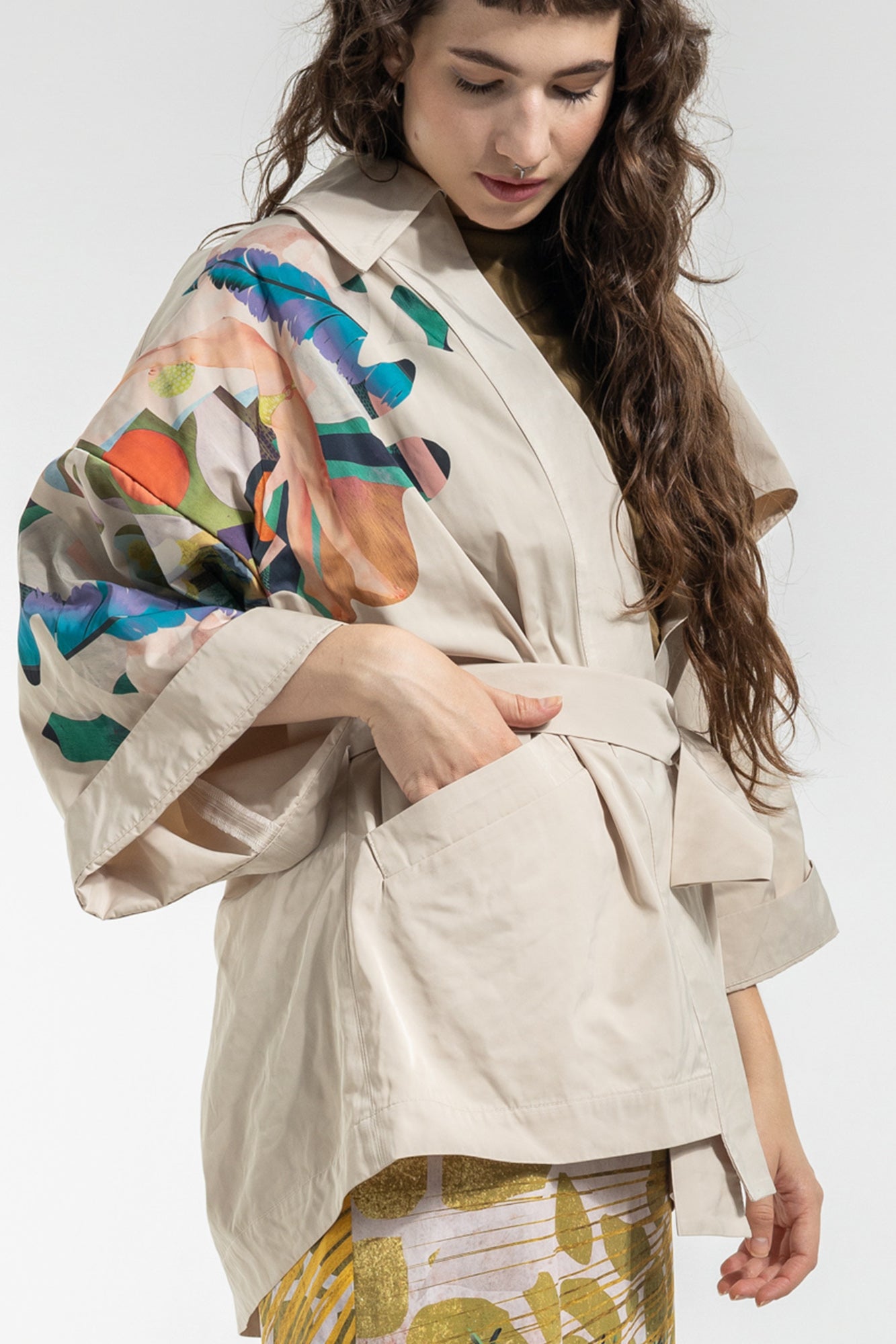 asymmetric printed trench kimono