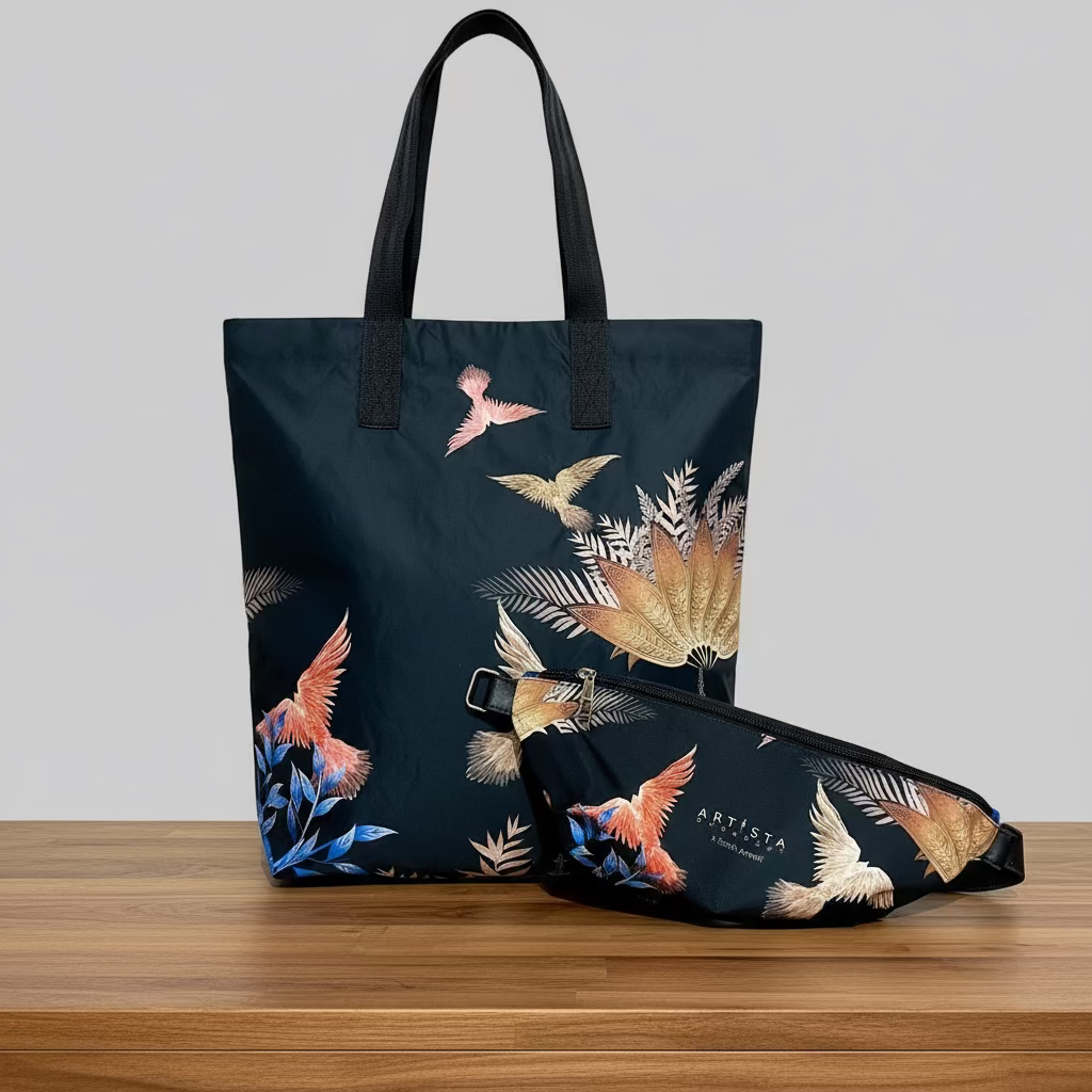 Tote bag and matching pouch with floral design on a wooden surface