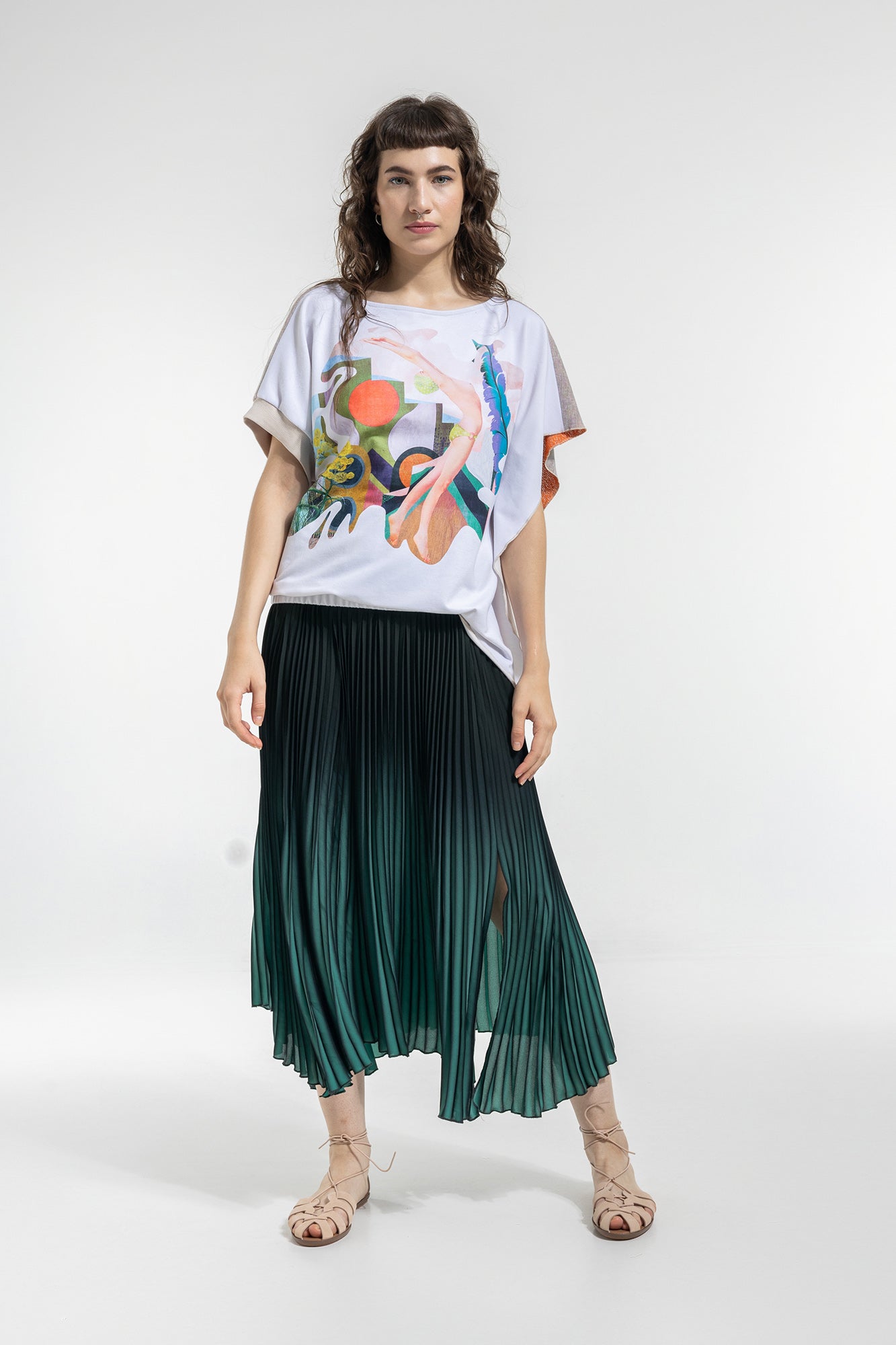 pleated midi skirt with elastic waistline