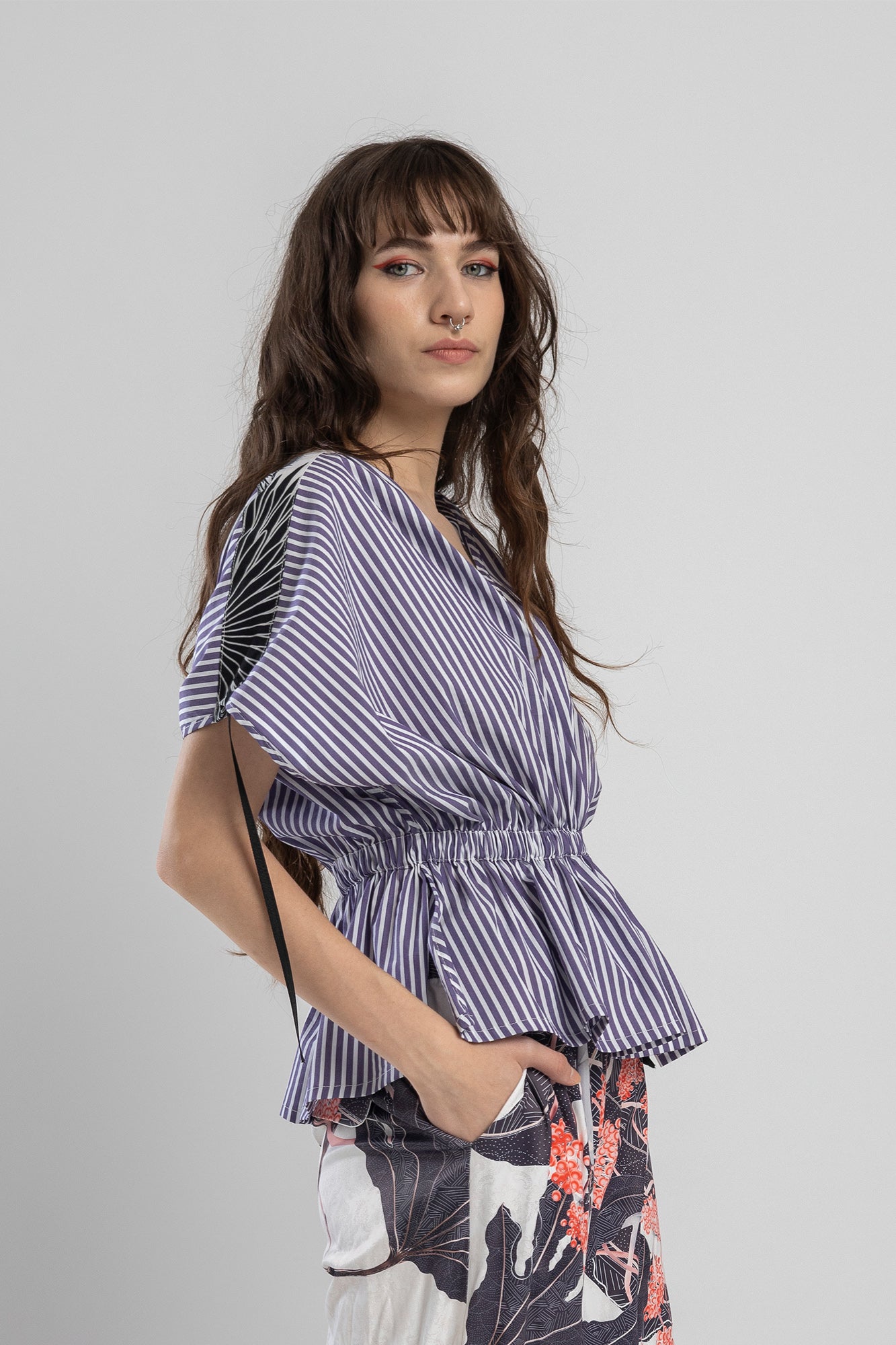 striped v-neck top with drawstring waist artista budapest