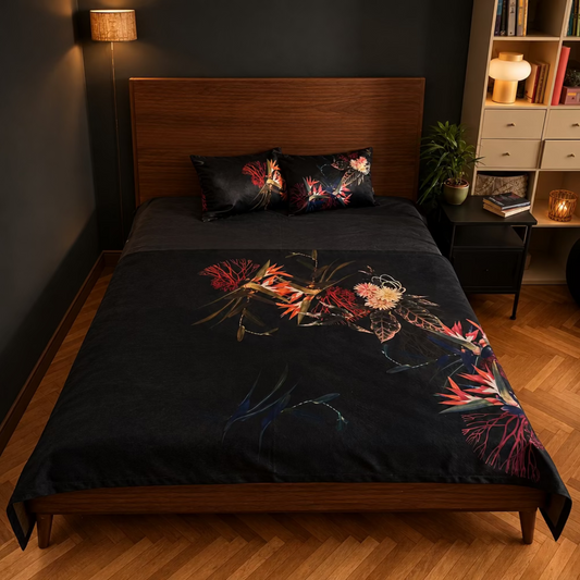 A bed dressed in a dark floral duvet cover and matching pillowcases, set in a bedroom with a blue upholstered headboard, wooden flooring, and a white shelving unit.