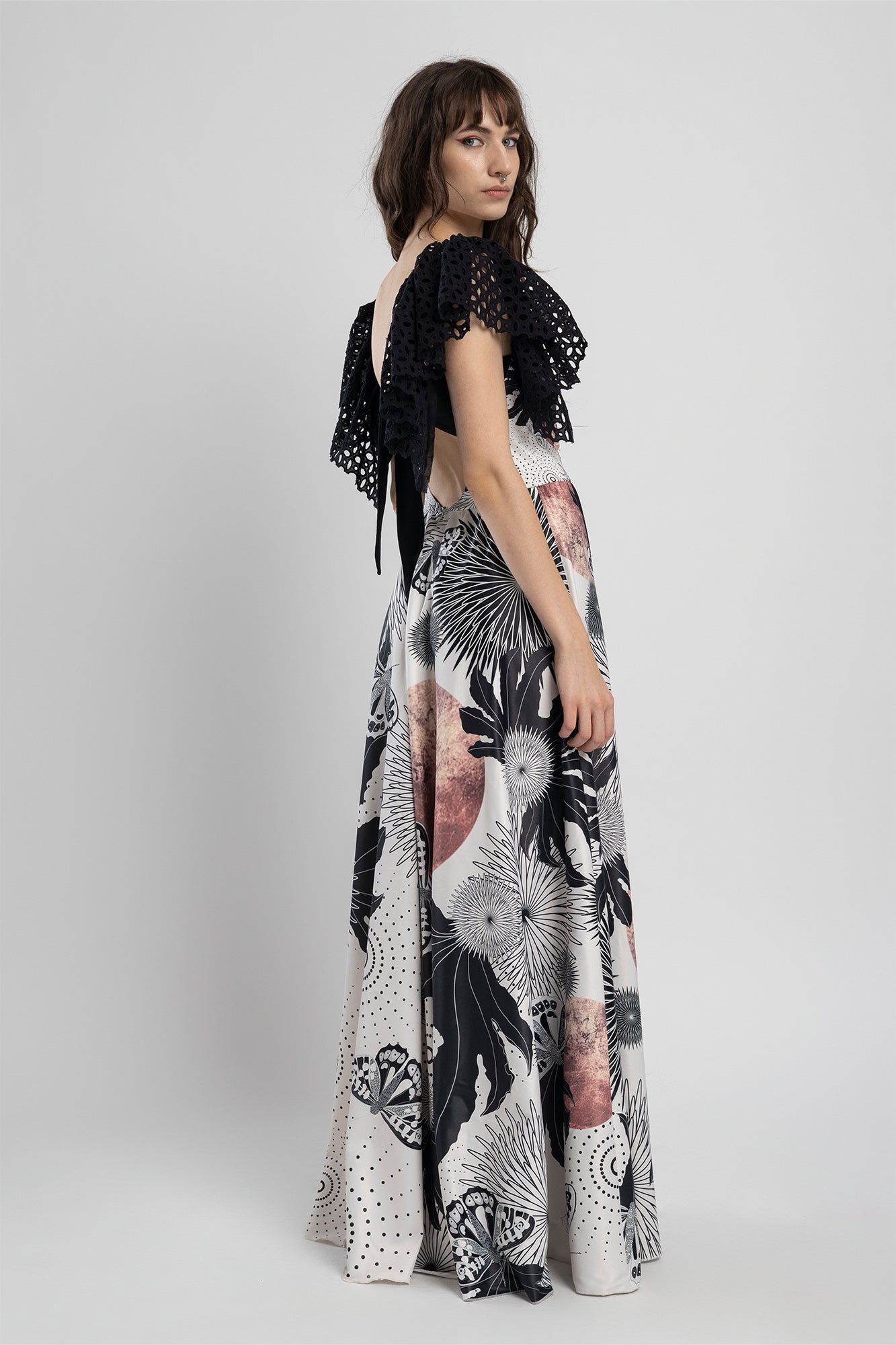 maxi dress with detachable black butterfly sleeves artista budapest