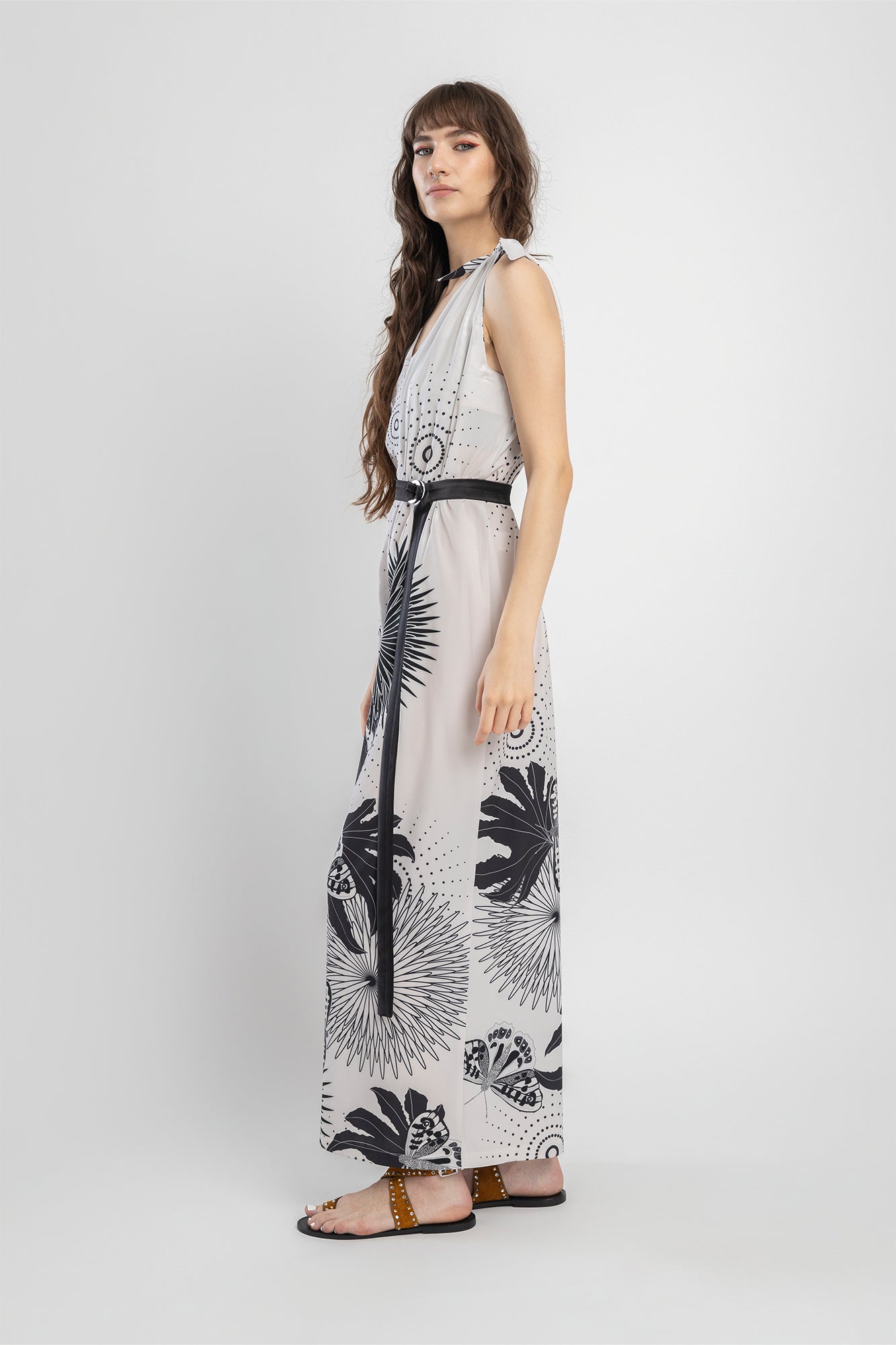 palazzo leg jumpsuit with inset black satin tie belt artista budapest