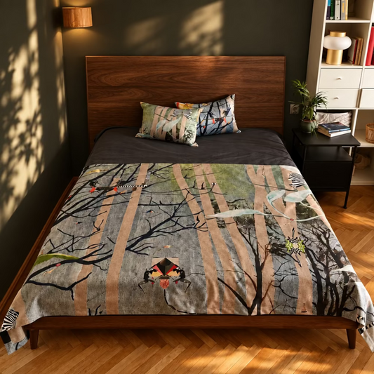A bed dressed in a forest-themed printed blanket and matching pillow sham, set in a bedroom with a blue upholstered headboard, wooden floor, bedside table, and shelving.
