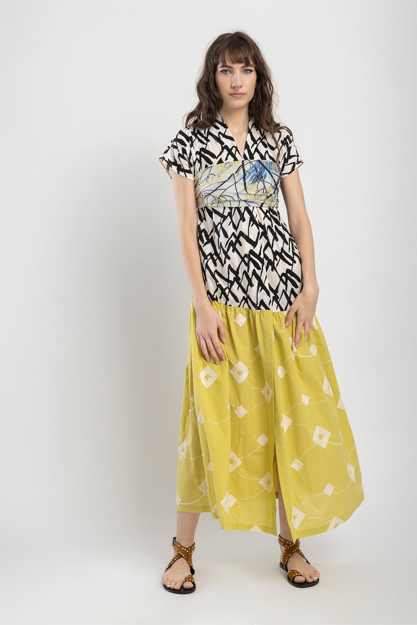 overlapped maxi dress with unique printed belt artista budapest