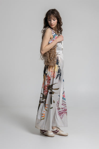 unique printed wide palazzo leg jumpsuit adjustable shoulder strap artista budapest